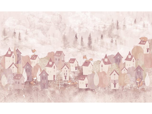 Fototapeta Wioska z domkami i pastelowymi drzewami (kod: 24480) Fototapeta Wioska z domkami i pastelowymi drzewami