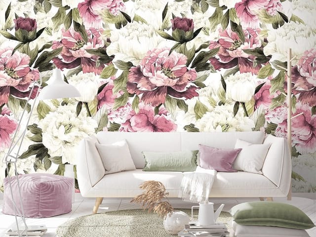 Fototapeta z dużymi kwiatami piwonii i zielonymi liśćmi na białym tle