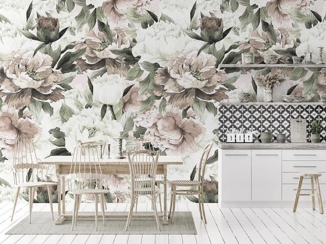 Fototapeta z dużymi kwiatami piwonii i delikatnymi liśćmi