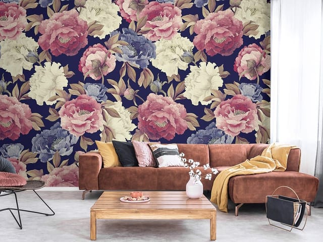 Fototapeta z dużymi kwiatami piwonii i ciemnym tłem