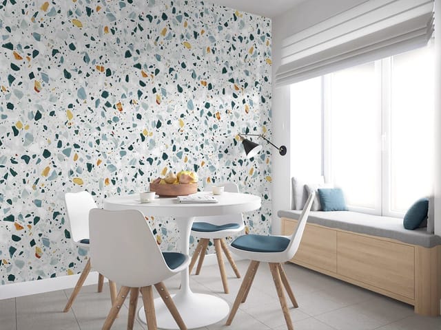 Fototapeta Kolorowe Lastryko na Jasnym Tle (kod: 24526) Fototapeta z wzorem lastryko i kolorowymi plamkami na jasnym tle