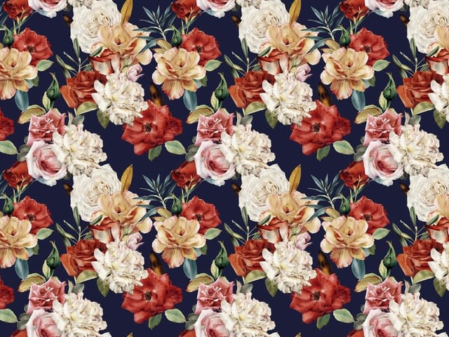 Fototapeta z kolorowymi kwiatami, różami i piwoniami na ciemnym tle