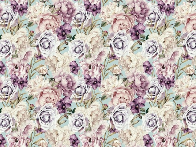 Fototapeta Pastelowe kwiaty i liście (kod: 24542) Fototapeta z różowymi różami, fioletowymi kwiatami i zielonymi liśćmi