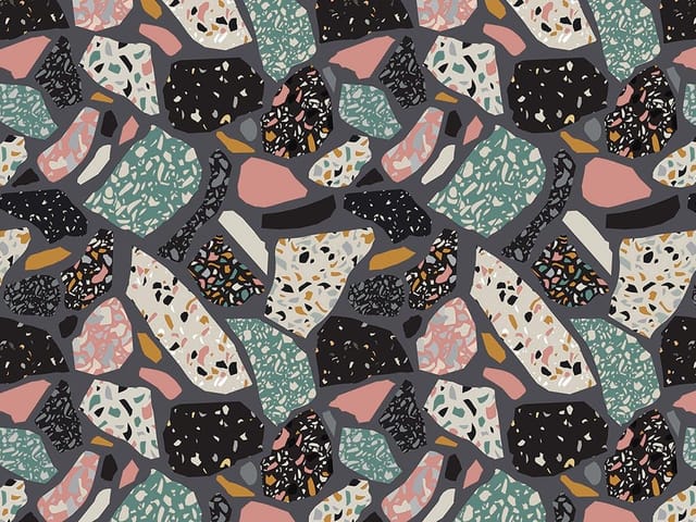 Fototapeta z kolorowym wzorem terrazzo na ciemnym tle, różnorodne kształty