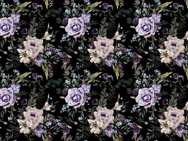 Fototapeta z dużymi fioletowymi różami i ciemnymi liśćmi na czarnym tle