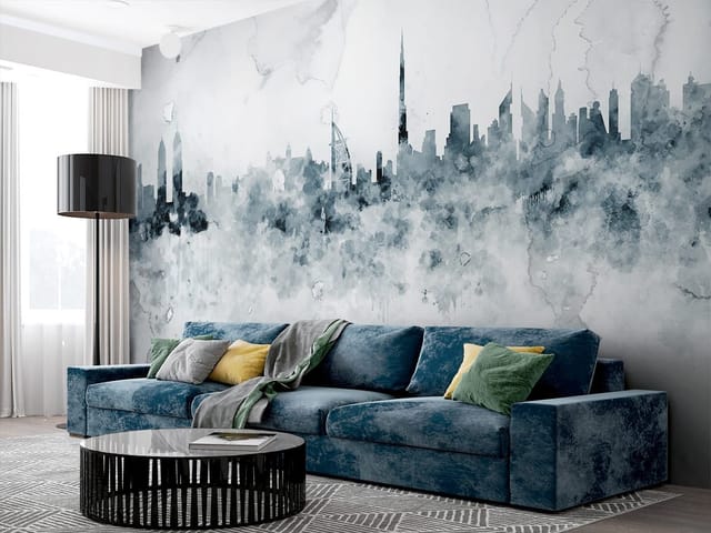 Fototapeta z panoramą miasta, wieżowce na horyzoncie, abstrakcyjne tło