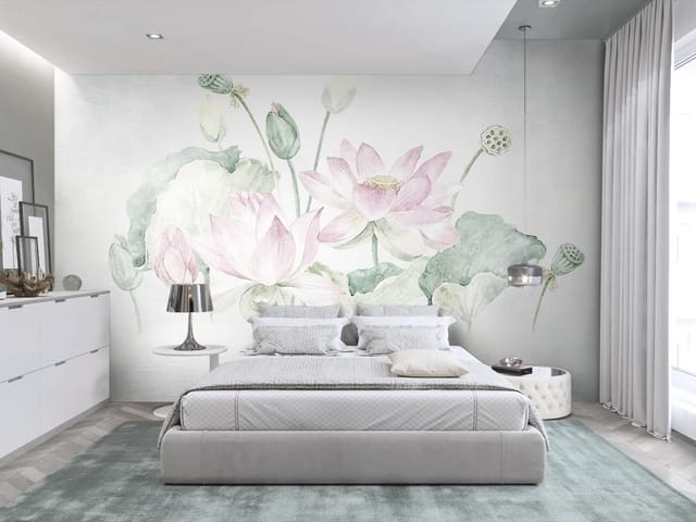 Fototapeta z dużymi kwiatami lotosu i zielonymi liśćmi na wodzie