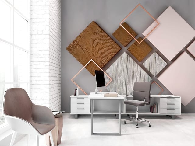 Fototapeta z geometrycznymi kształtami na szarym tle z drewnianymi i różowymi kwadratami