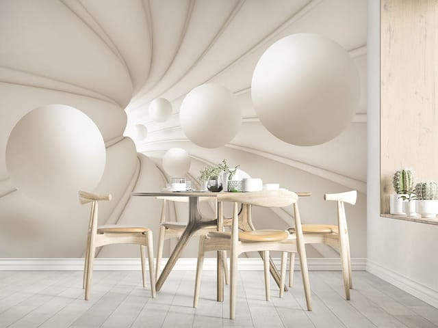 Fototapeta z białymi kulami unoszącymi się w spiralnym tunelu