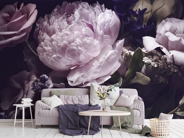 Fototapeta Bukiet jasnofioletowych piwonii (kod: 24687) Fototapeta z bukietem jasnofioletowych piwonii na ciemnym tle