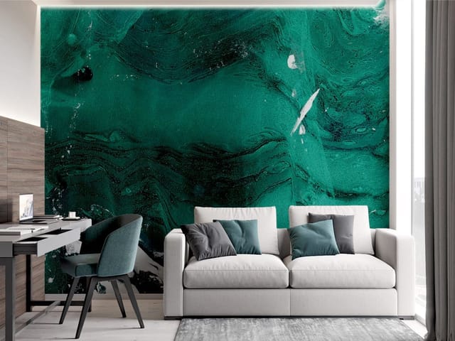 Fototapeta z abstrakcyjnymi wzorami w odcieniach zieleni na ciemnozielonym tle z białymi akcentami