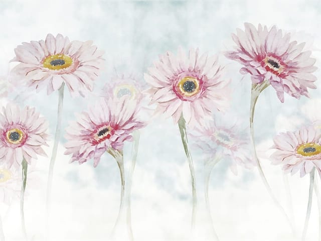 Fototapeta z różowymi kwiatami na długich zielonych łodygach