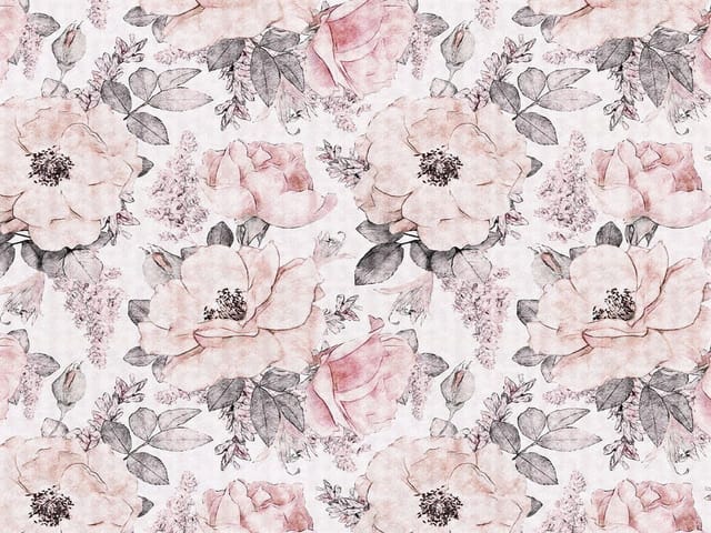 Fototapeta z dużymi kwiatami w pastelowych odcieniach różu i szarymi liśćmi