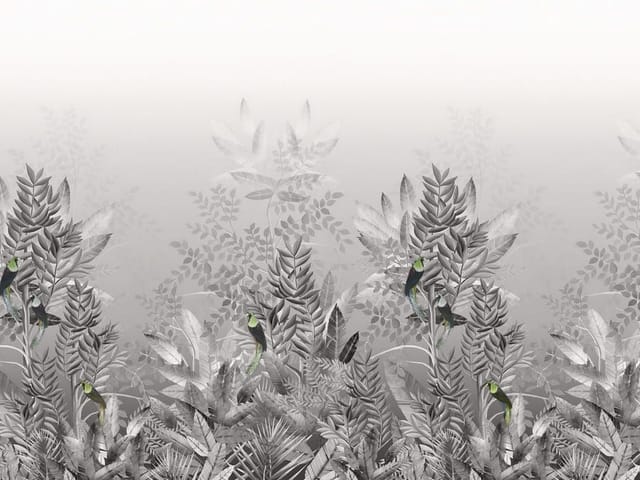 Fototapeta z dużymi liśćmi i subtelnym tłem z kwiatami polnymi