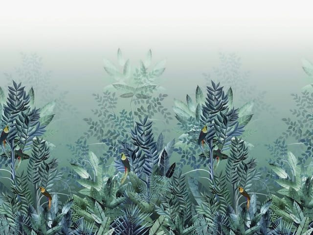 Fototapeta z gęstą roślinnością i dużymi liśćmi w odcieniach zieleni