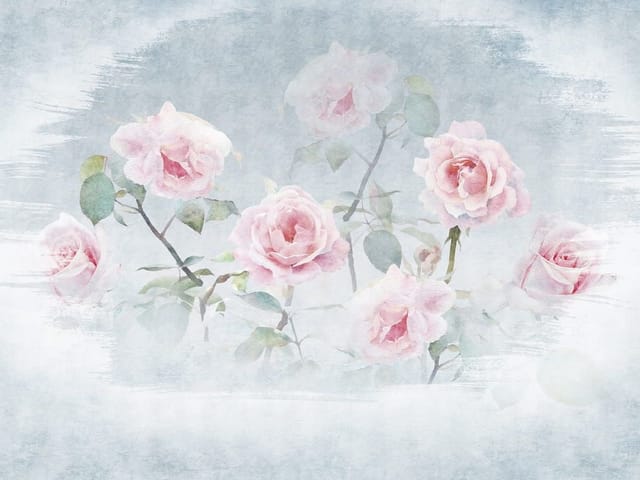 Fototapeta z delikatnymi różowymi kwiatami i zielonymi liśćmi na jasnym tle