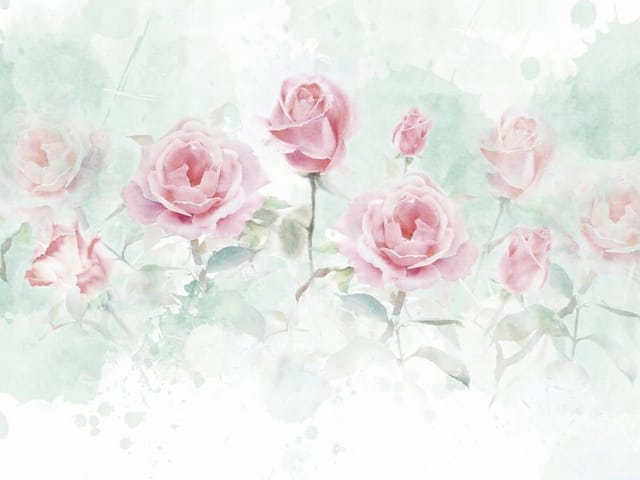 Fototapeta z różowymi różami i zielonymi liśćmi na tle akwareli