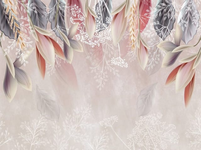 Fototapeta z kolorowymi liśćmi w odcieniach różu i szarości na jasnym tle