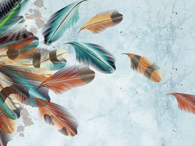Fototapeta z różnorodnymi kolorowymi piórami na marmurowym tle