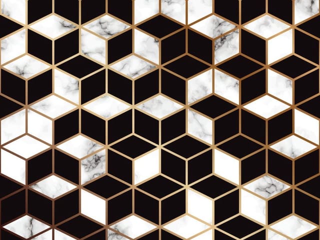 Fototapeta Geometryczne sześciany z marmurem (kod: 24851) Fototapeta z geometrycznym wzorem sześcianów, czarne i białe powierzchnie, złote kontury
