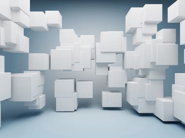 Fototapeta z unoszącymi się białymi sześcianami na gradientowym tle