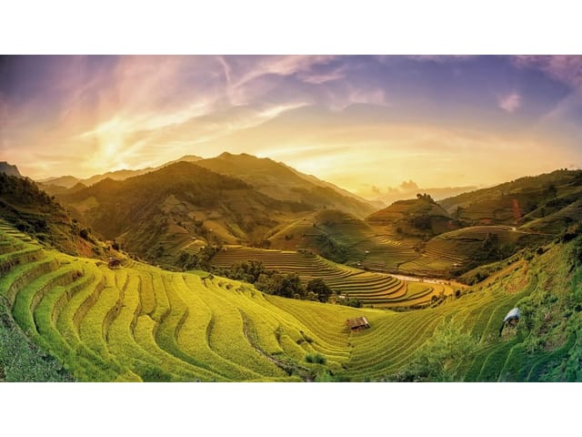 Fototapeta z zielonymi tarasami ryżowymi w górzystym krajobrazie