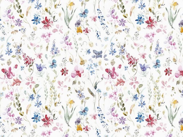 Fototapeta z kolorowymi kwiatami i delikatnymi liśćmi w stylu akwareli