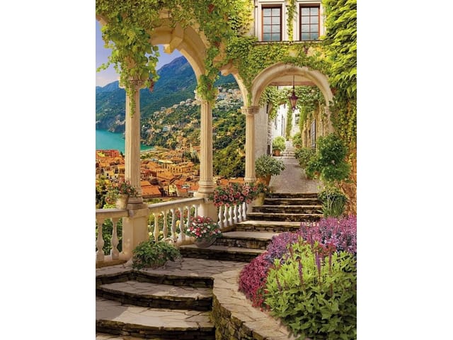 Fototapeta z kamiennymi schodami, roślinnością, miastem, morzem i górami