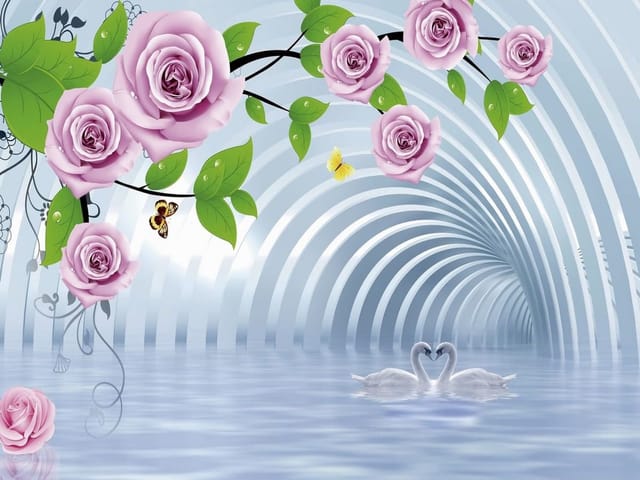 Fototapeta Różowe róże i łabędzie w tunelu