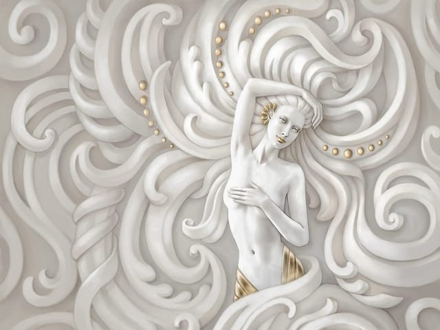 Fototapeta z kobietą i falistymi wzorami, złote akcenty, delikatne cienie