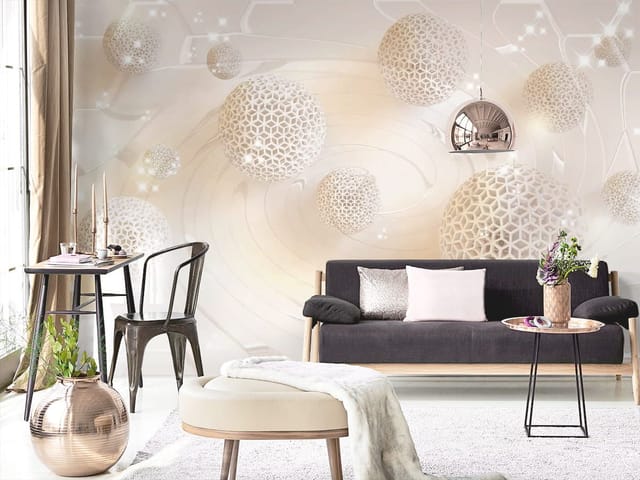 Fototapeta Geometryczne kule z ażurowym wzorem (kod: 24961) Fototapeta z geometrycznymi kulami i spiralnym tłem na jasnym tle