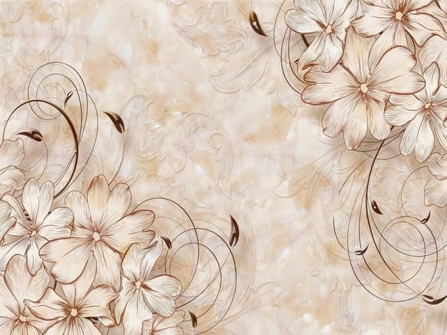 Fototapeta z dużymi kwiatami i ozdobnymi wzorami na jasnym tle