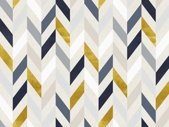 Fototapeta z geometrycznym wzorem w jodełkę w kolorach białym, szarym, granatowym i żółtym.