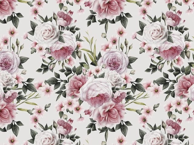 Fototapeta z dużymi różami w pastelowych odcieniach i zielonymi liśćmi