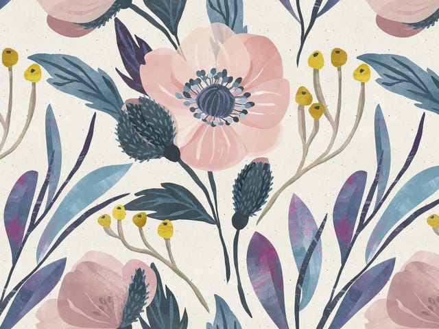 Fototapeta z różowymi kwiatami i niebieskimi liśćmi na jasnym tle