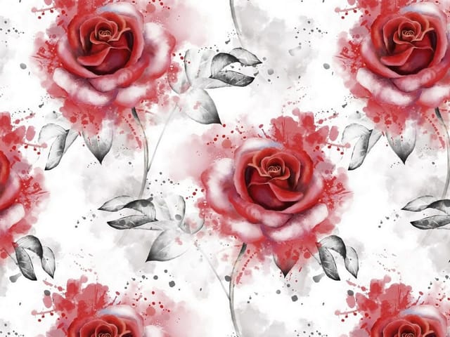 Fototapeta z czerwonymi różami na białym tle z szarymi plamami i liśćmi