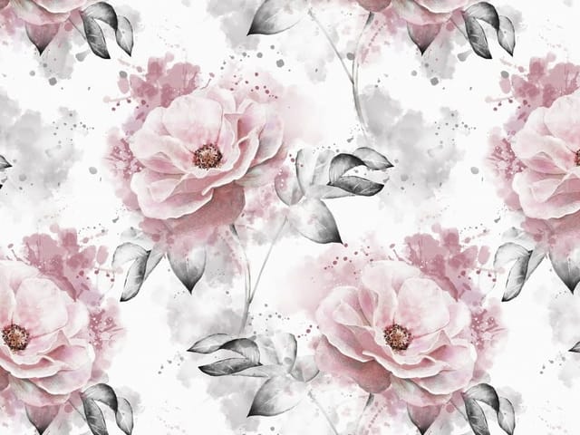 Fototapeta z dużymi różowymi kwiatami i szarymi liśćmi na białym tle