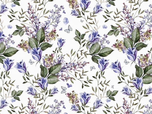 Fototapeta z fioletowymi kwiatami i zielonymi liśćmi na białym tle