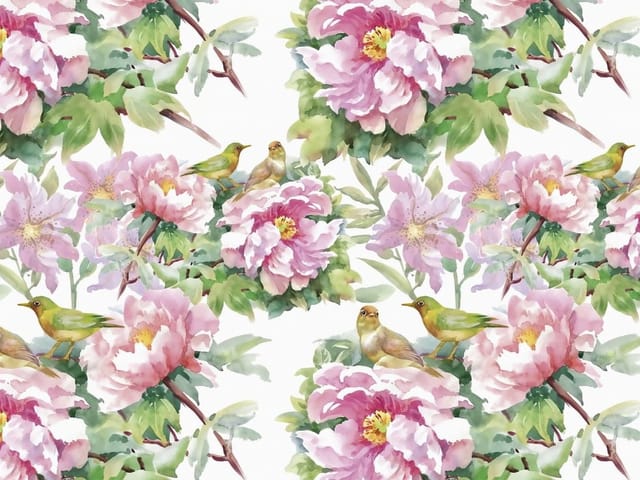 Fototapeta z różowymi piwoniami, zielonymi liśćmi i małymi ptakami na białym tle