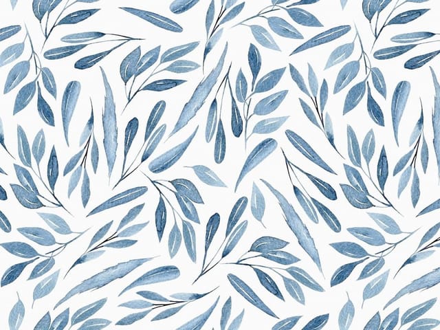 Fototapeta z niebieskimi liśćmi na białym tle, różnorodne kształty