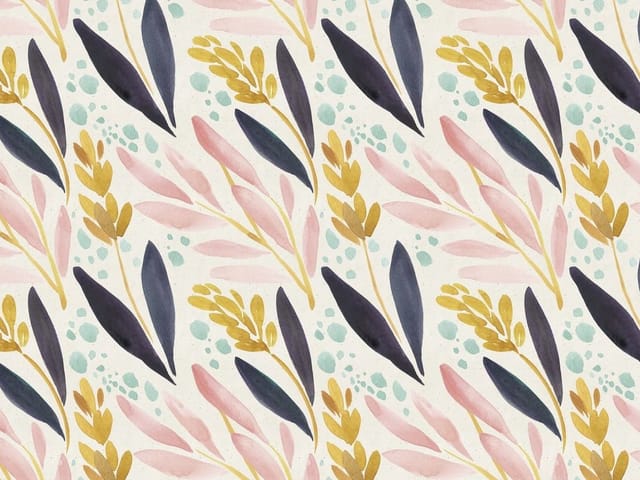 Fototapeta z różowymi i ciemnoniebieskimi liśćmi oraz żółtymi gałązkami