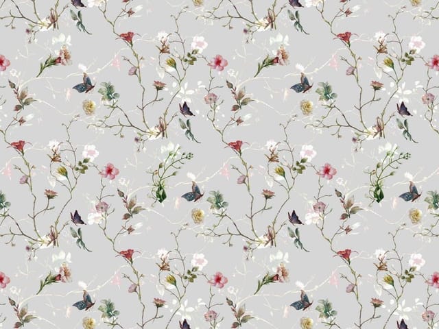 Fototapeta z gałązkami i różnokolorowymi kwiatami na szarym tle