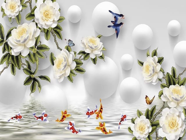 Fototapeta Białe kwiaty z zielonymi liśćmi