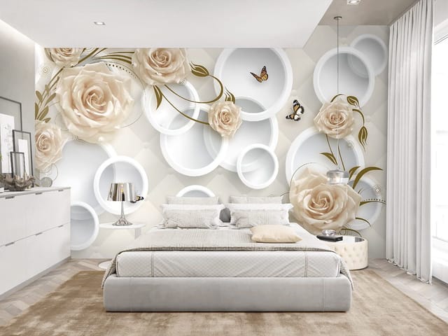 Fototapeta Kremowe róże i białe okręgi