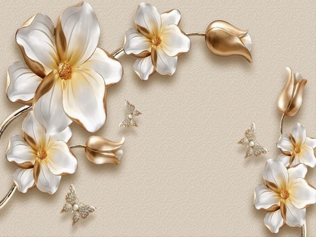 Fototapeta Kwiaty 3D z Złotymi Akcentami