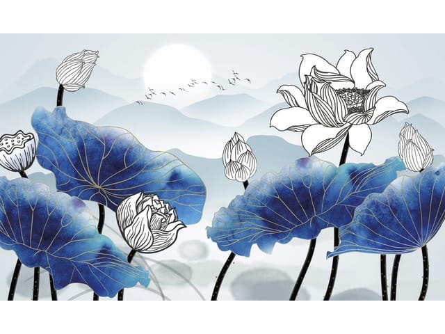 Fototapeta Lilie i lotosy w górskiej scenerii