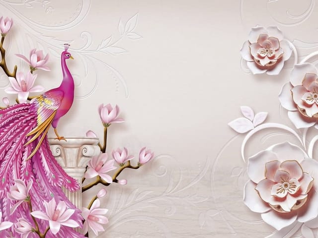 Fototapeta z różowym pawiem na kolumnie i kwiatami magnolii