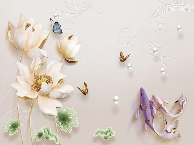 Fototapeta Kwiaty lotosu i fioletowa ryba