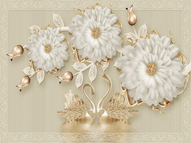 Fototapeta Trzy białe kwiaty i złote łabędzie