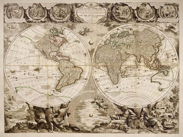 Fototapeta przedstawiająca starożytną mapę świata z globusami i ornamentami